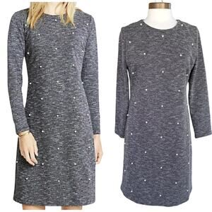 Ann Taylor Pearl Embellished Shift Dress Size 8 Long Sleeve Workwear Black Marl